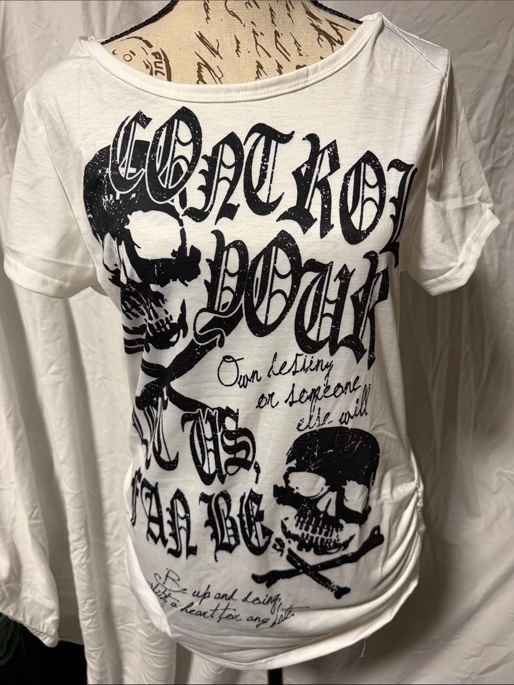 Graphic Skull T-Shirt "Control Your Destiny" Ruched Side Edgy Tee
